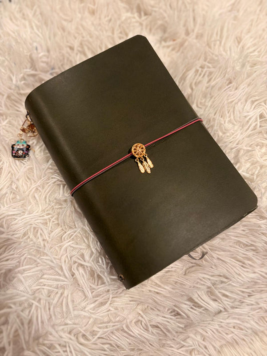 Olive green leather notebook with a pink and green elastic closure and decorative charm on a textured white surface
